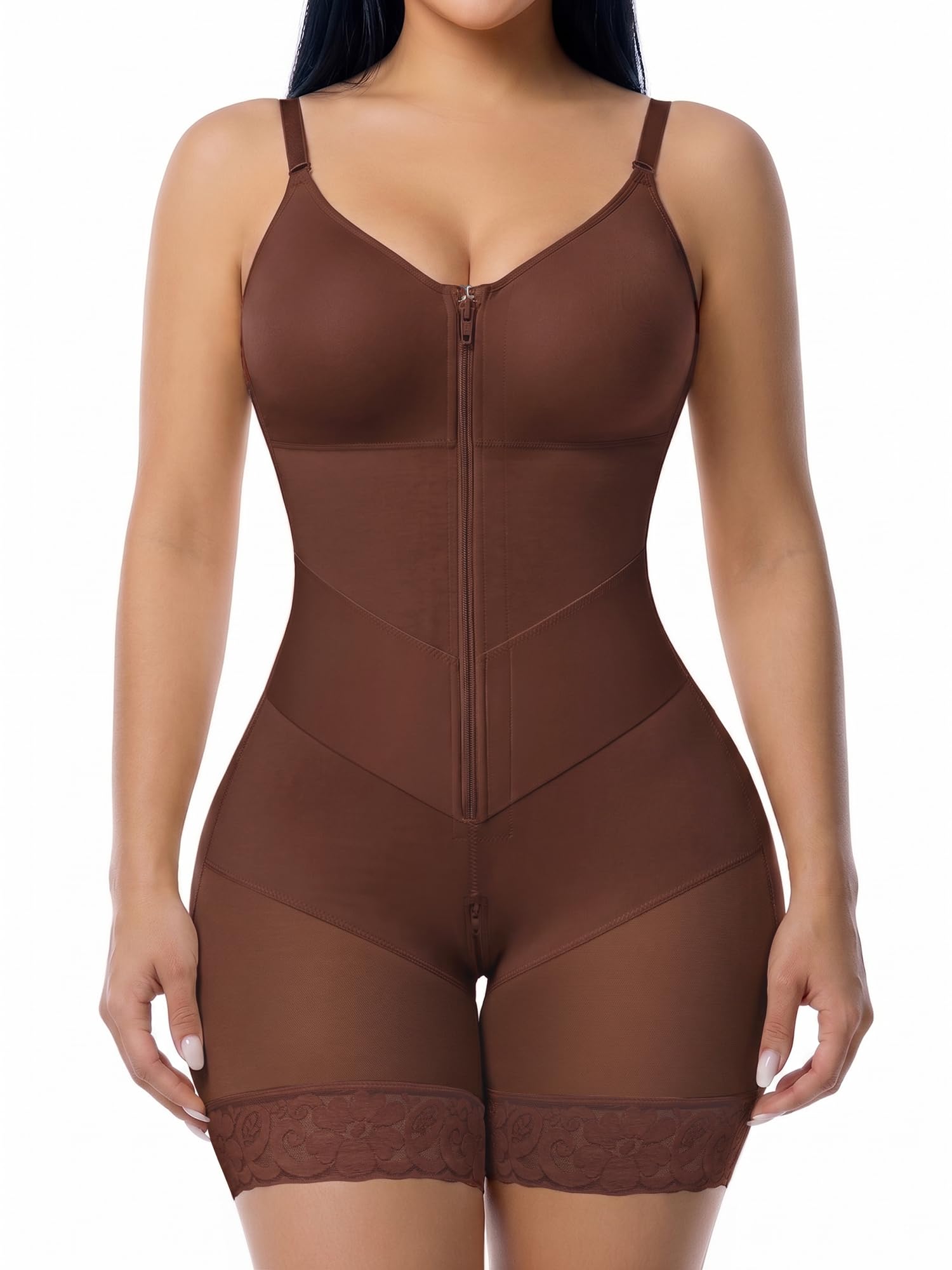 V-Panel Side Bust Padded Front Zip Mid-Thigh Faja Bodysuit