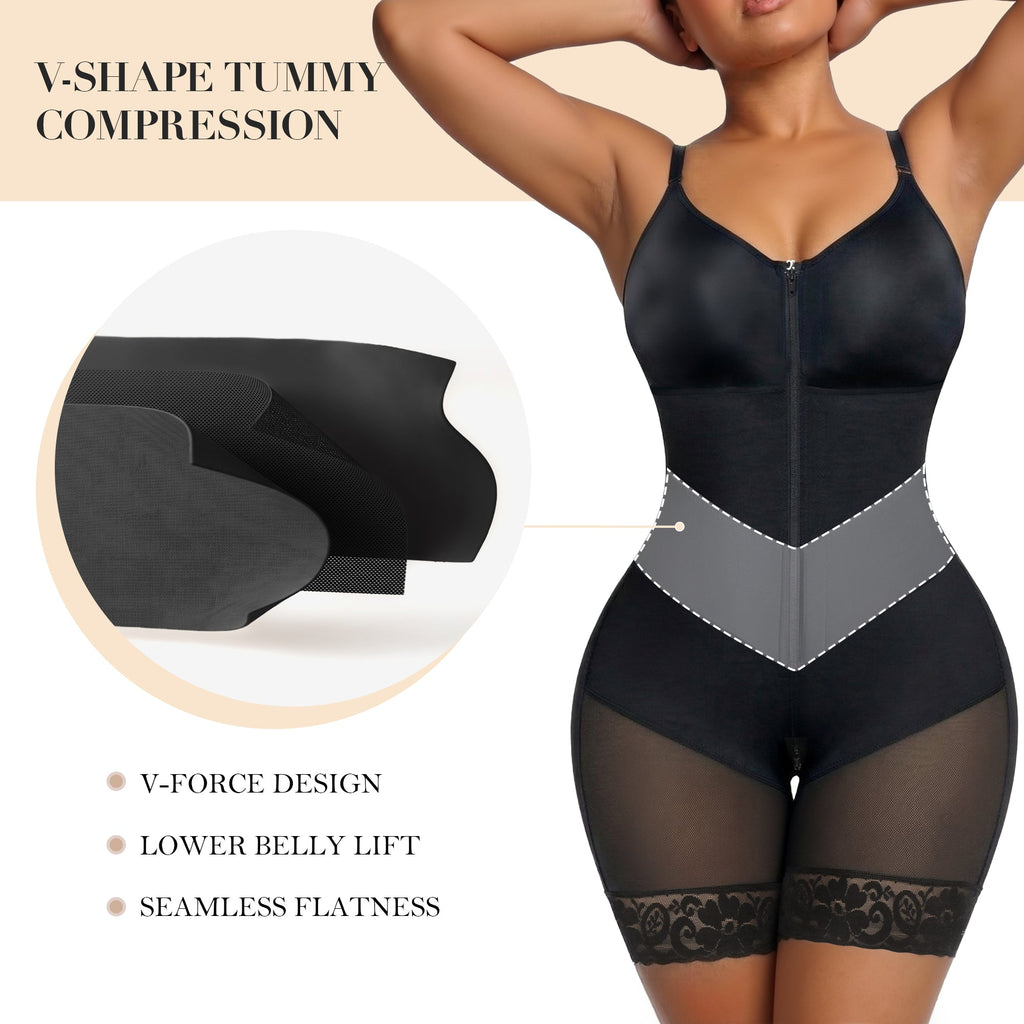 V-Panel Side Bust Padded Front Zip Mid-Thigh Faja Bodysuit