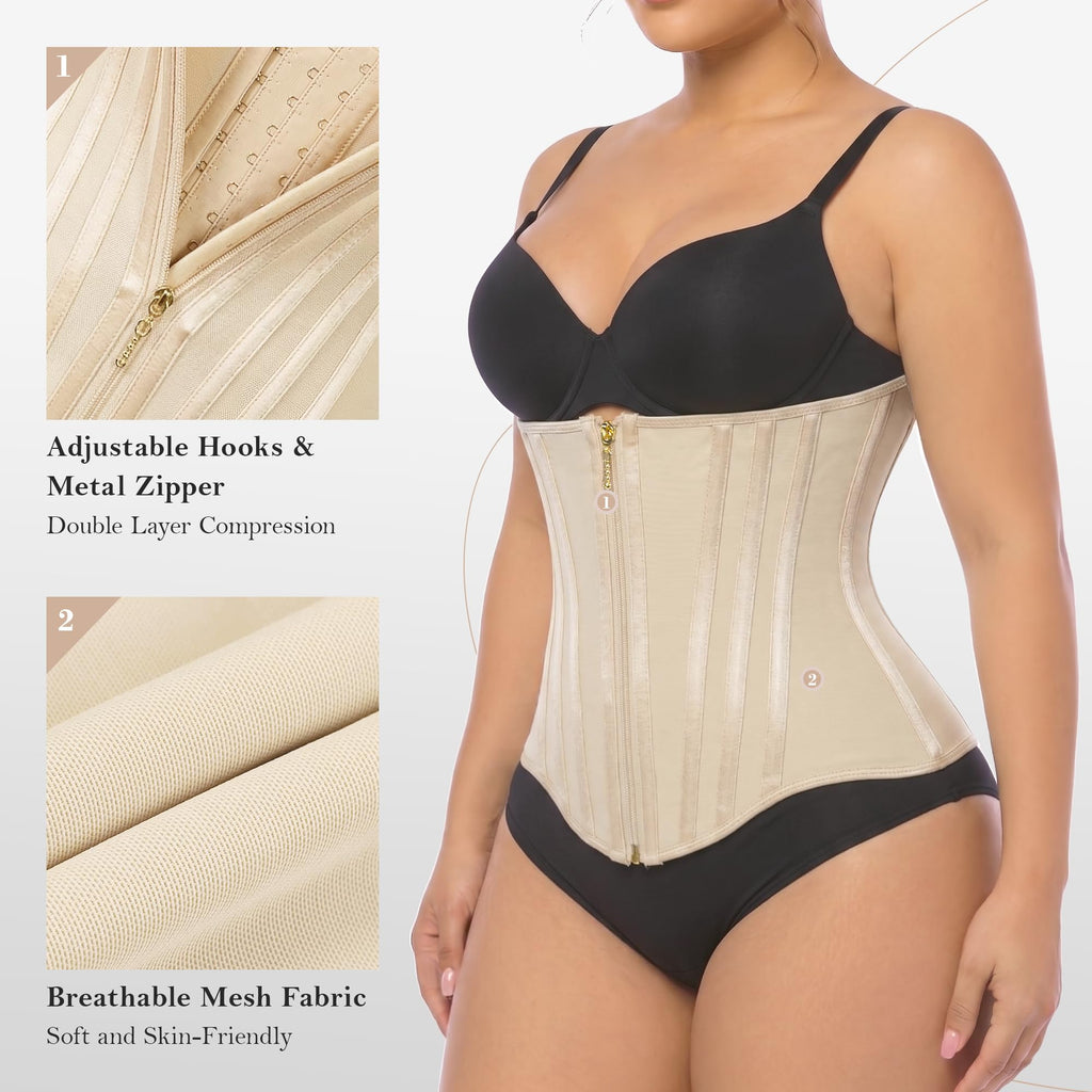 Double Layer Waist Trainer Zipper Hooks 19 Bones