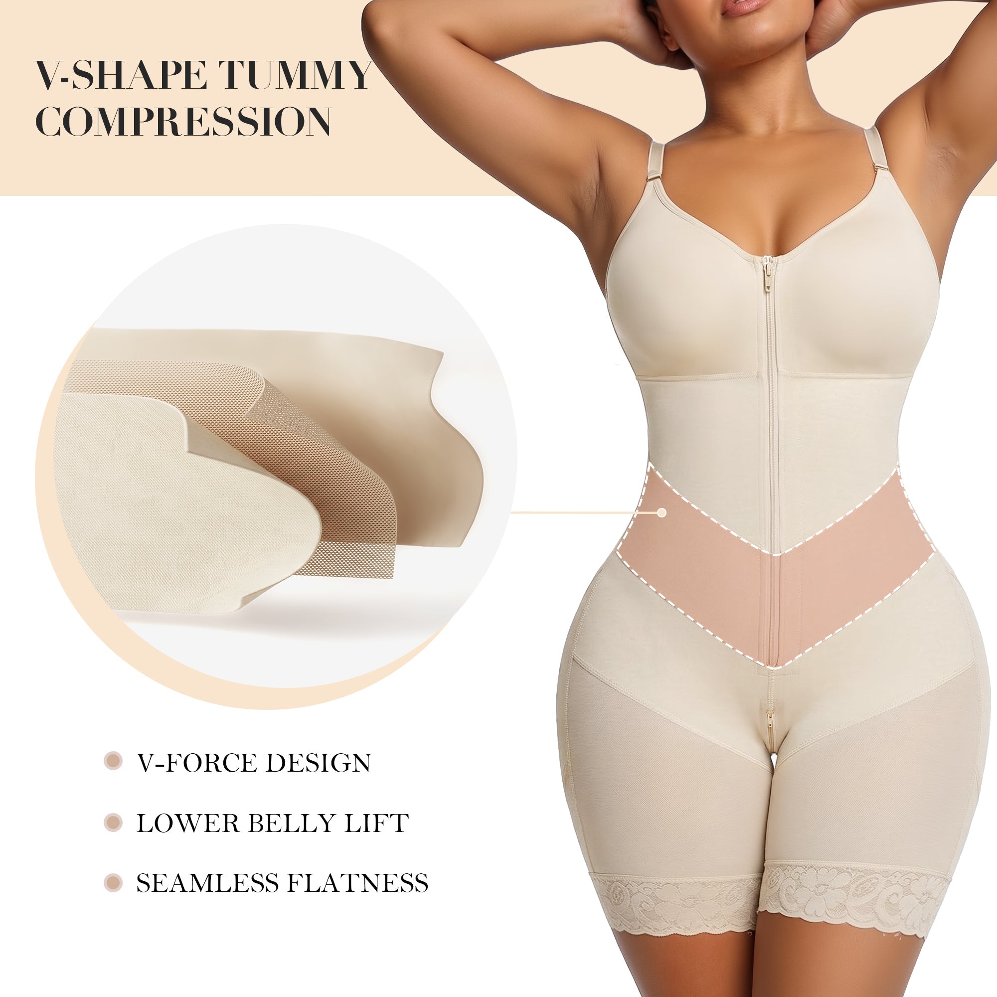 V-Panel Side Bust Padded Front Zip Mid-Thigh Faja Bodysuit