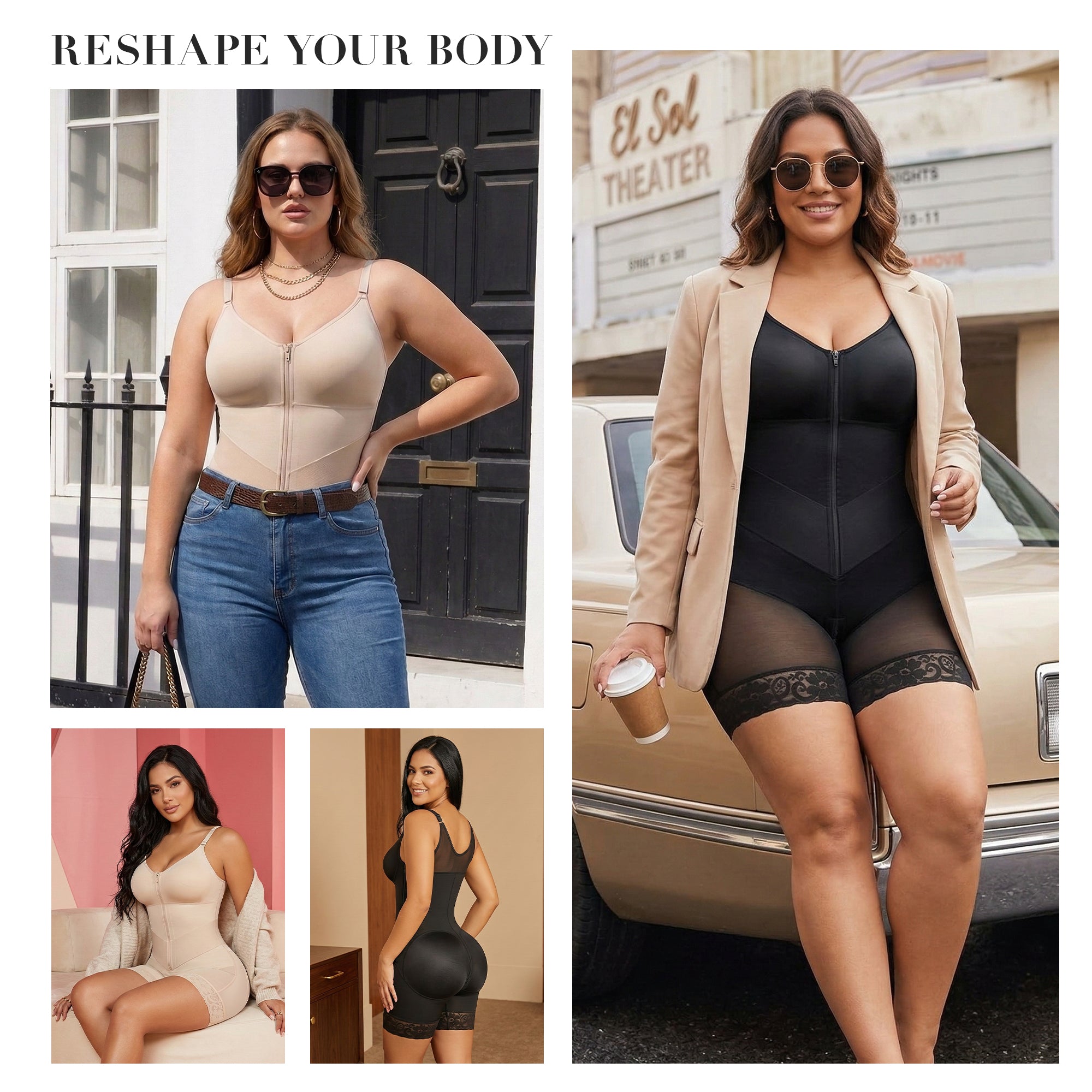 V-Panel Side Bust Padded Front Zip Mid-Thigh Faja Bodysuit