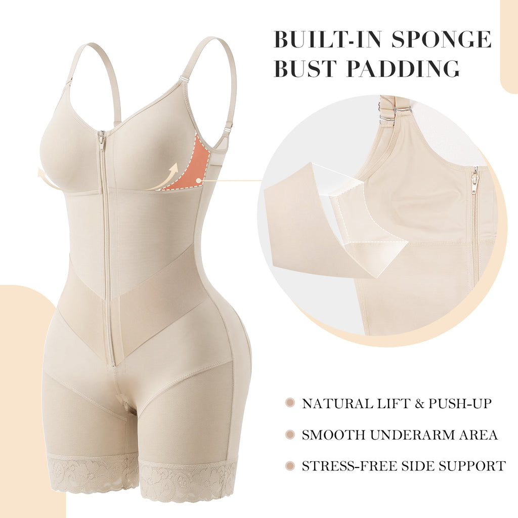 V-Panel Side Bust Padded Front Zip Mid-Thigh Faja Bodysuit