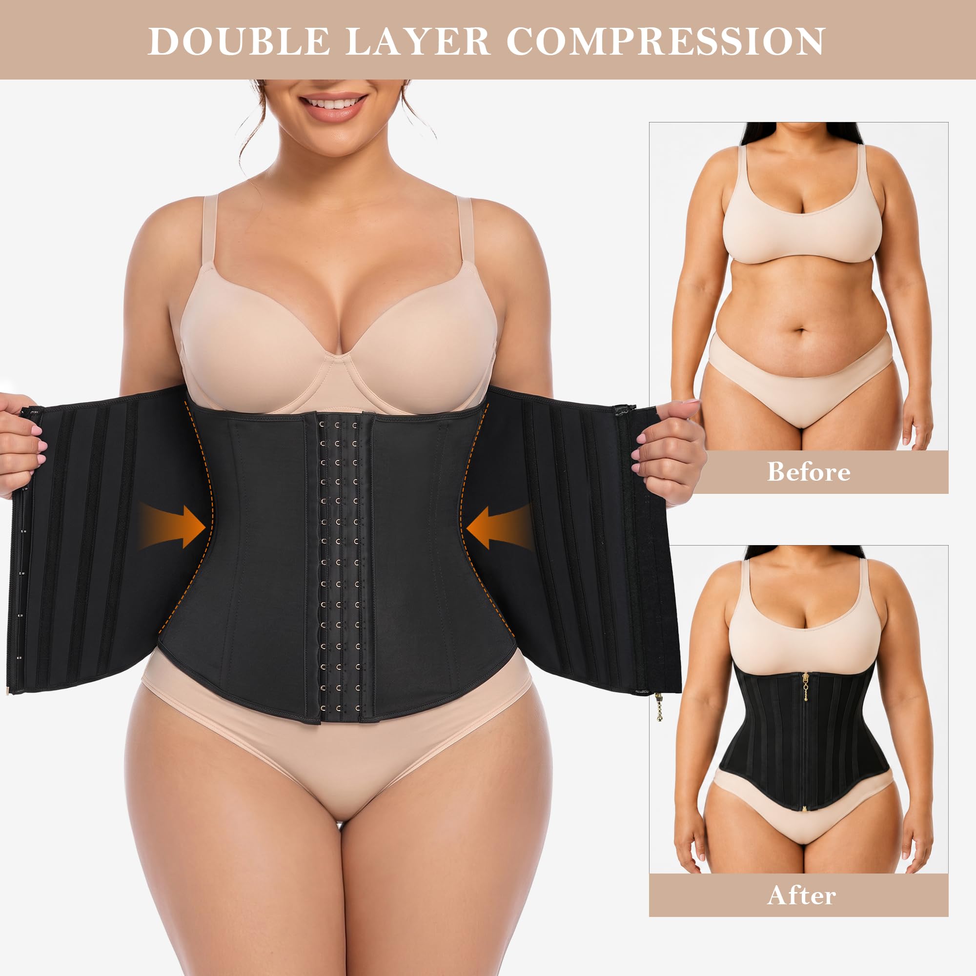 Double Layer Waist Trainer Zipper Hooks 19 Bones