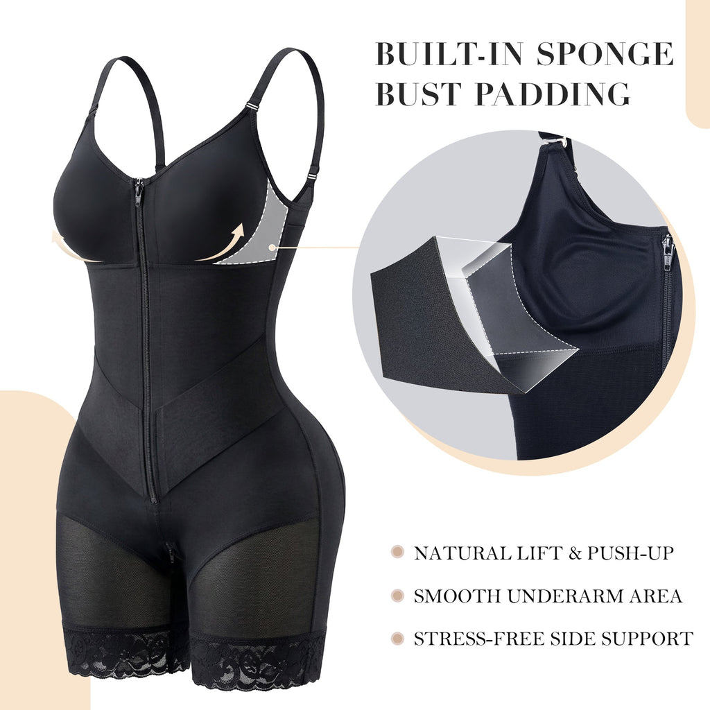 V-Panel Side Bust Padded Front Zip Mid-Thigh Faja Bodysuit