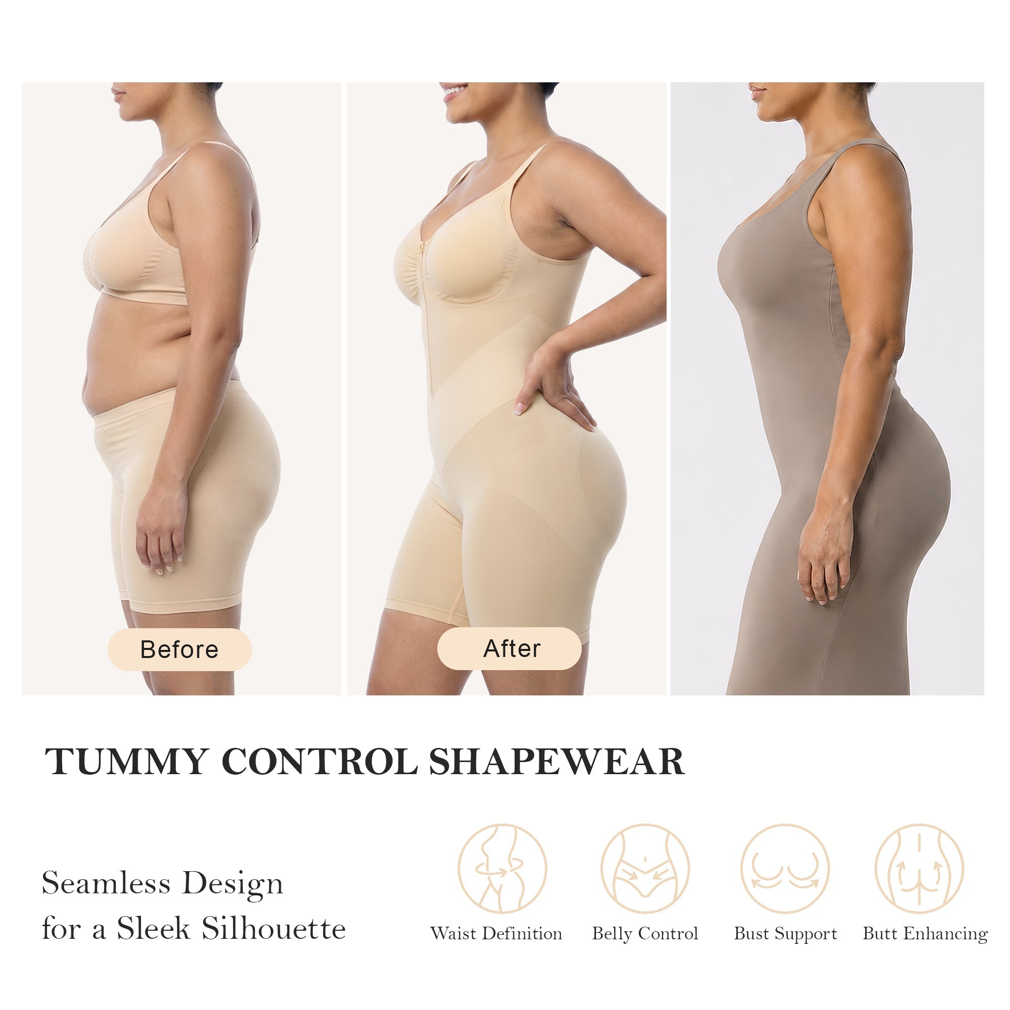 V-Shaped Tummy Control Shapewear Zip-Up Bodysuit