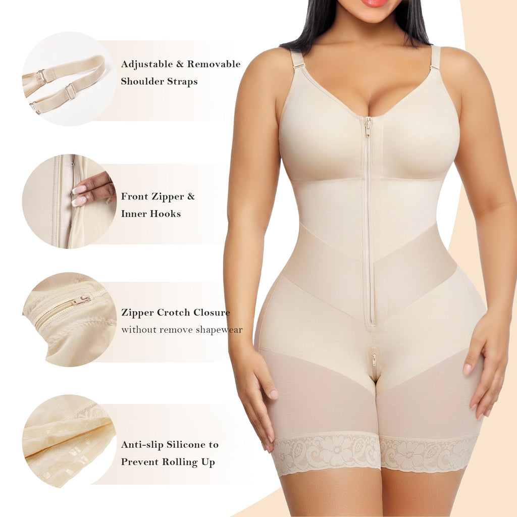 V-Panel Side Bust Padded Front Zip Mid-Thigh Faja Bodysuit