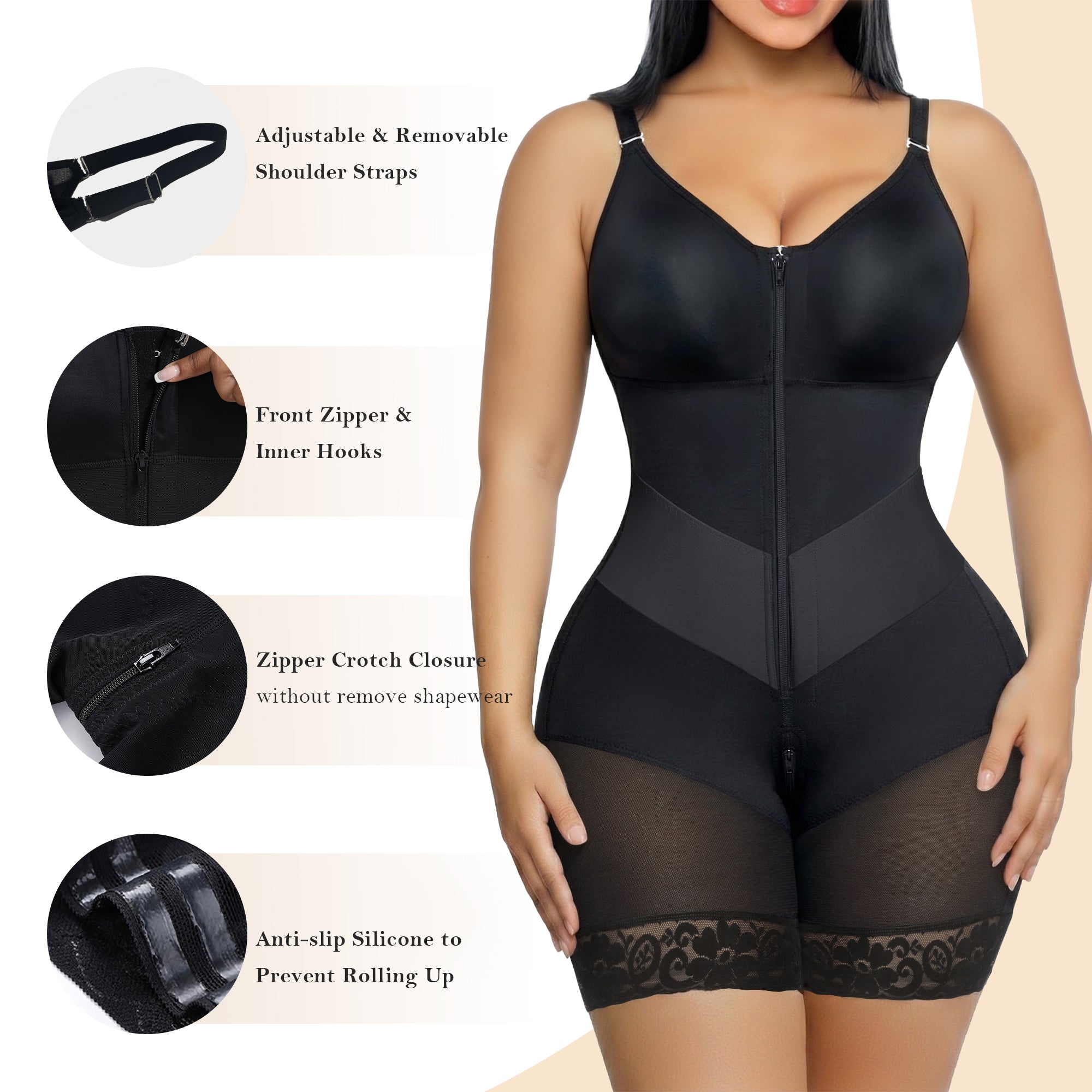 V-Panel Side Bust Padded Front Zip Mid-Thigh Faja Bodysuit
