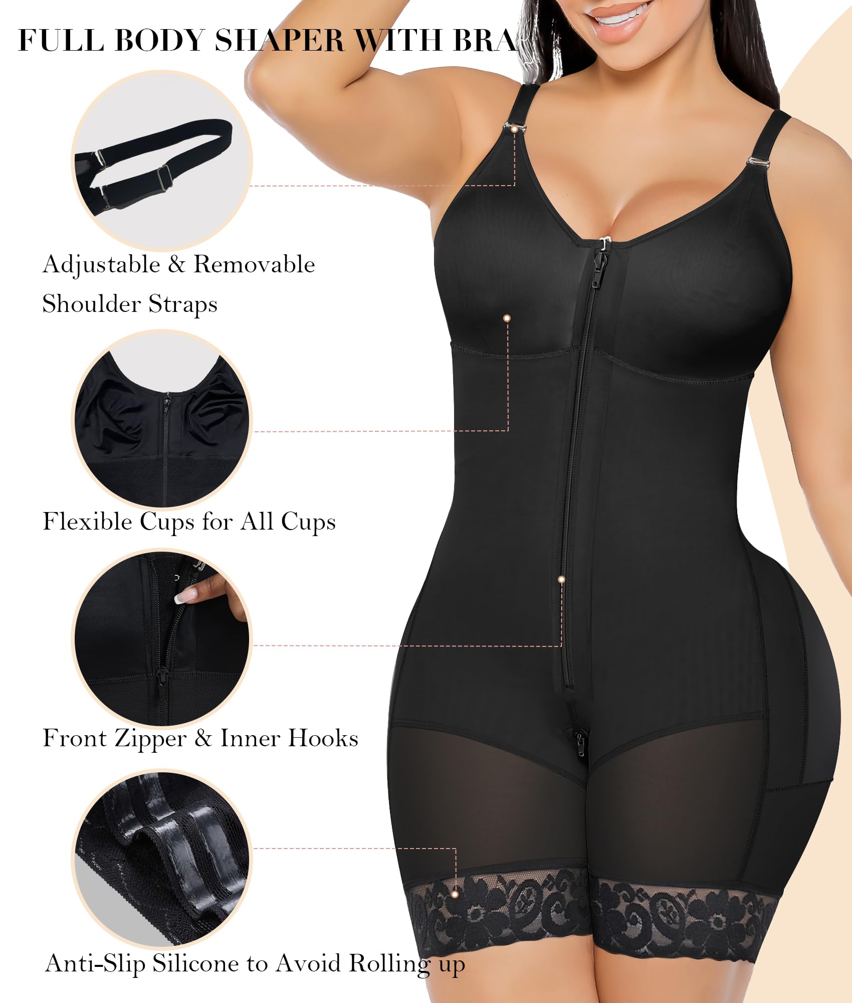 Front Zip Full Bust Mid-Thigh Faja Bodysuit