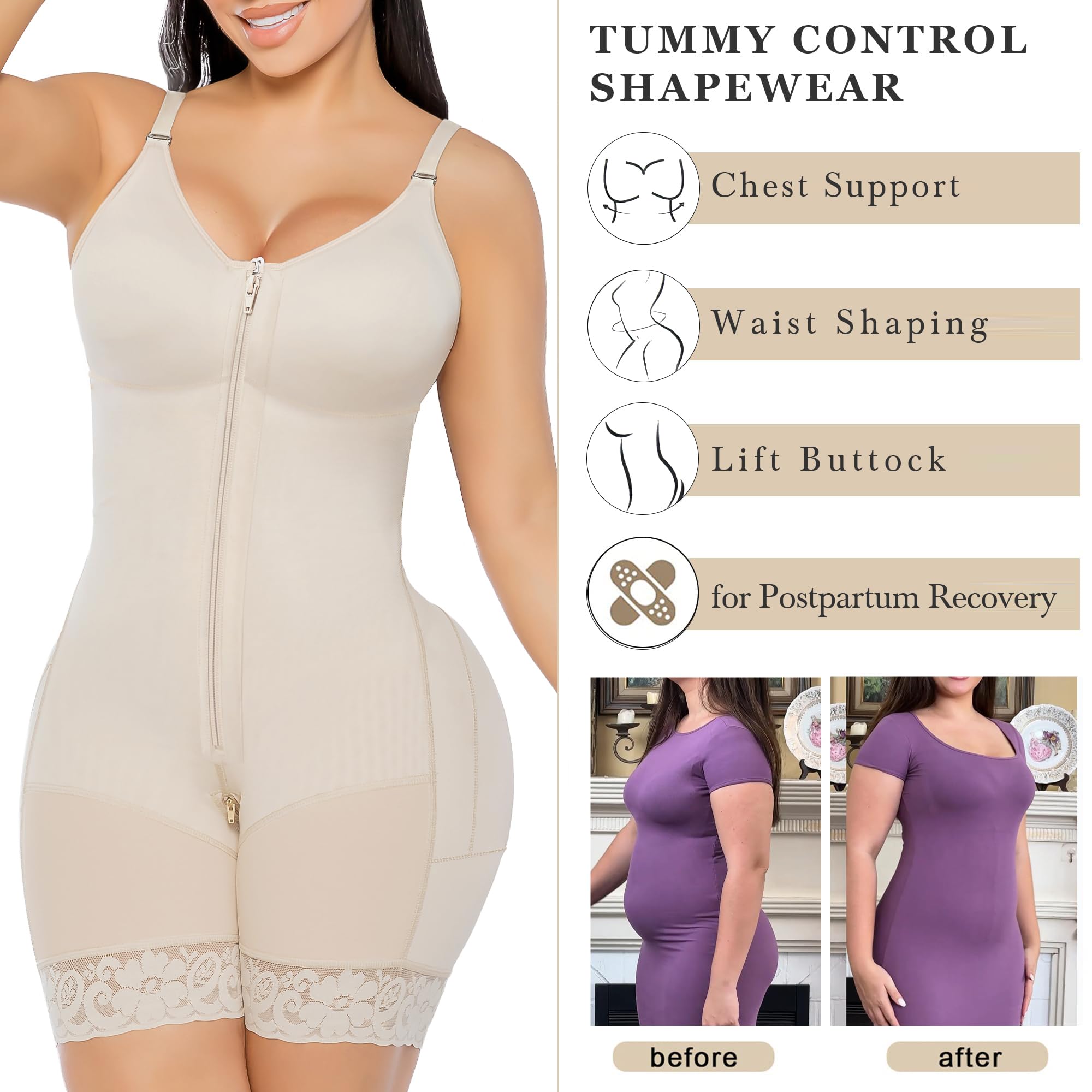 Front Zip Full Bust Mid-Thigh Faja Bodysuit