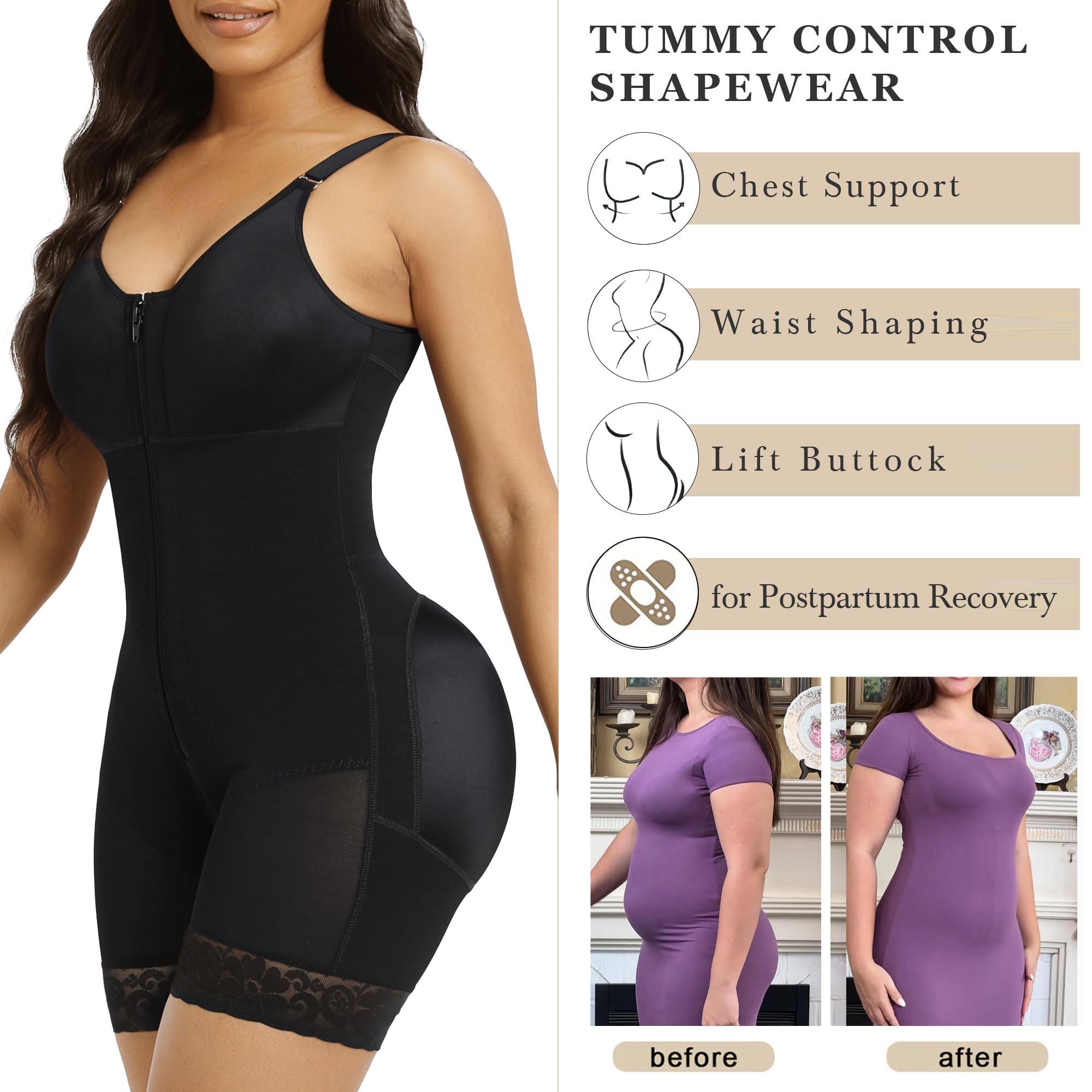 Front Zip Full Bust Mid-Thigh Faja Bodysuit