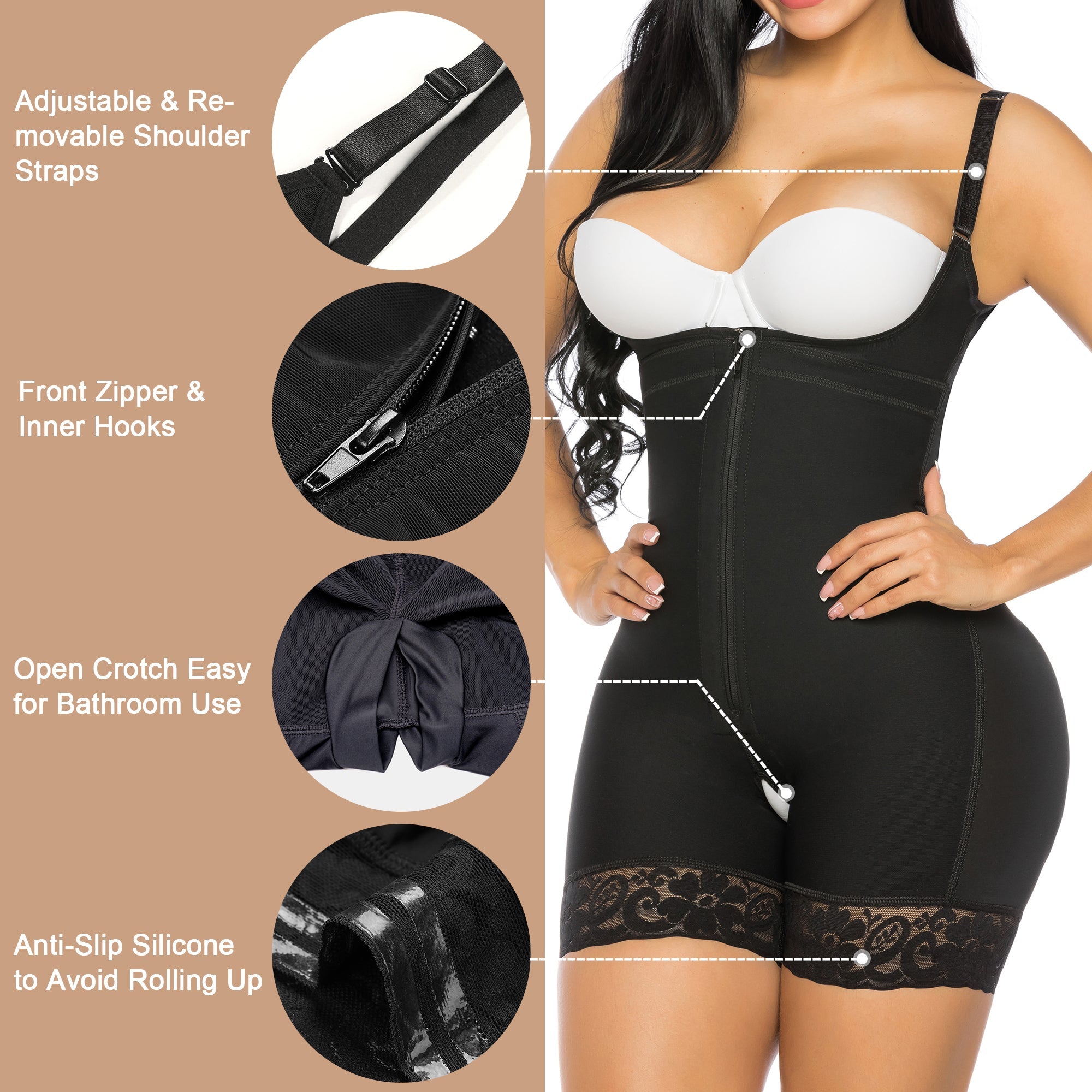 Open Bust Front Zip Mid-Thigh Faja Bodysuit