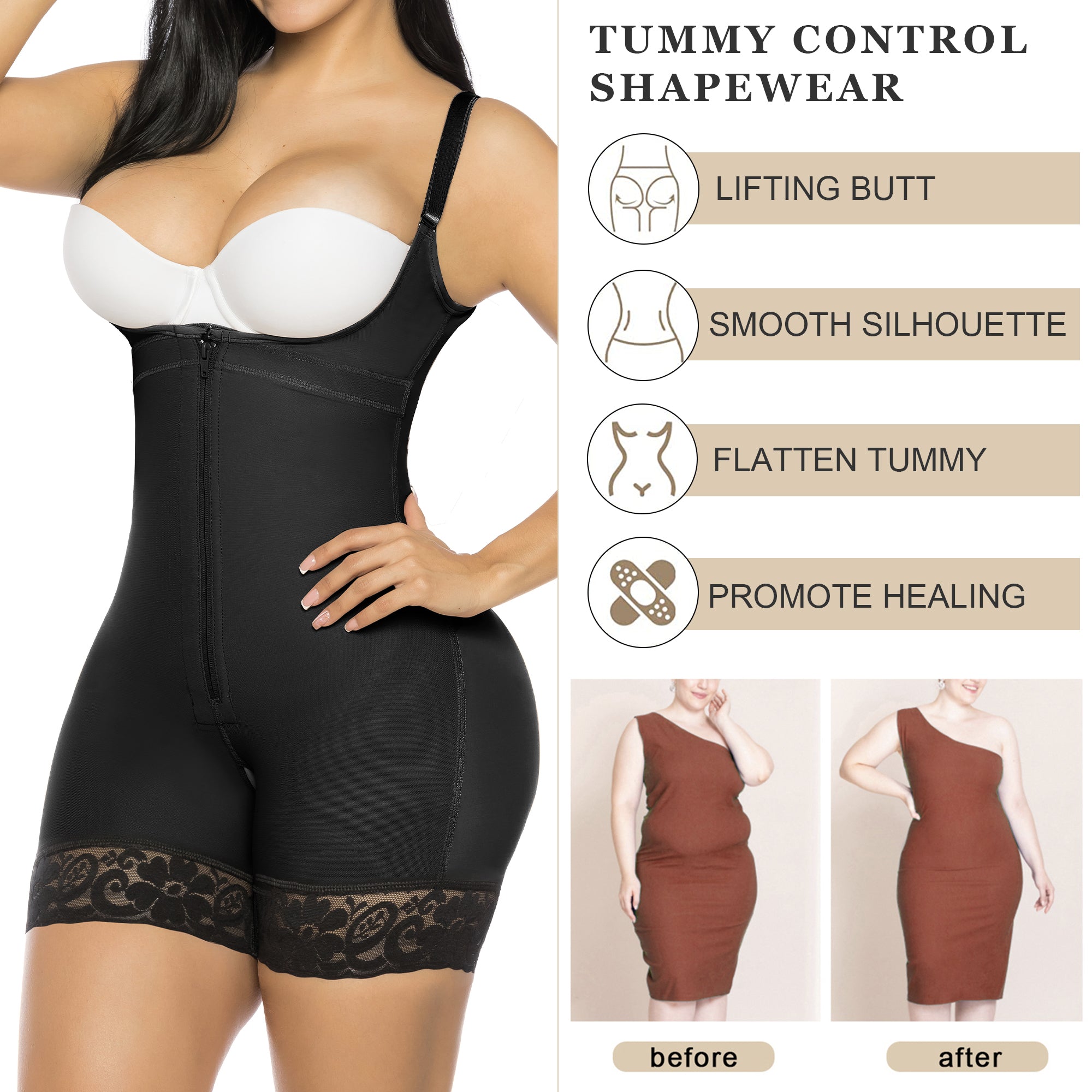 Open Bust Front Zip Mid-Thigh Faja Bodysuit