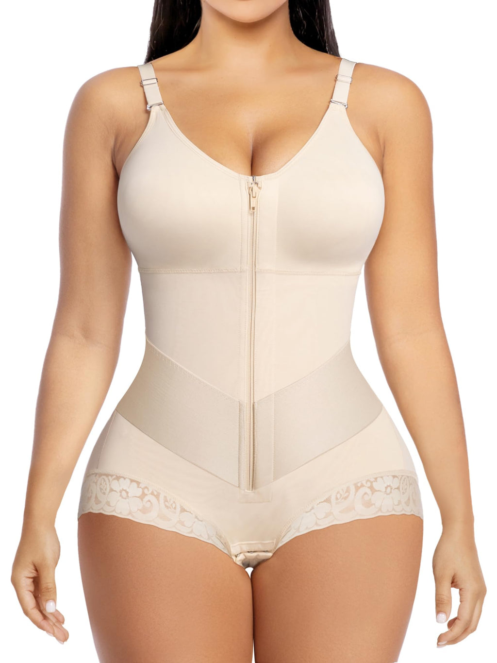V-Panel Tummy Control Front Zip Brief Cut Faja Bodysuit