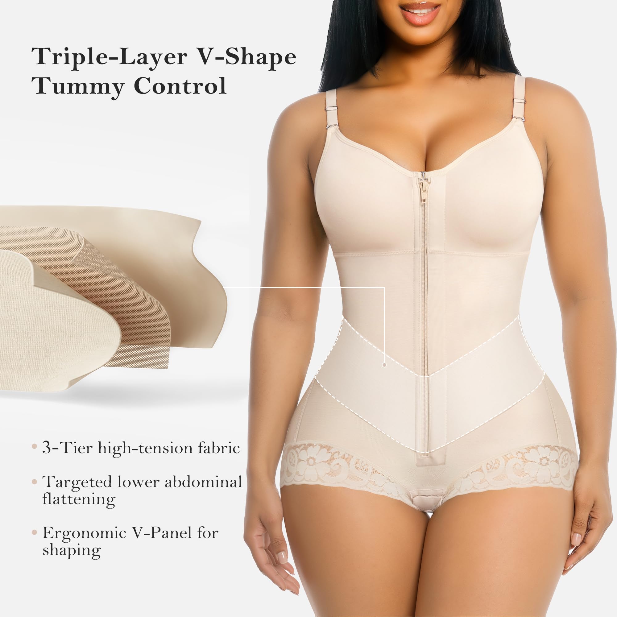 V-Panel Tummy Control Front Zip Brief Cut Faja Bodysuit