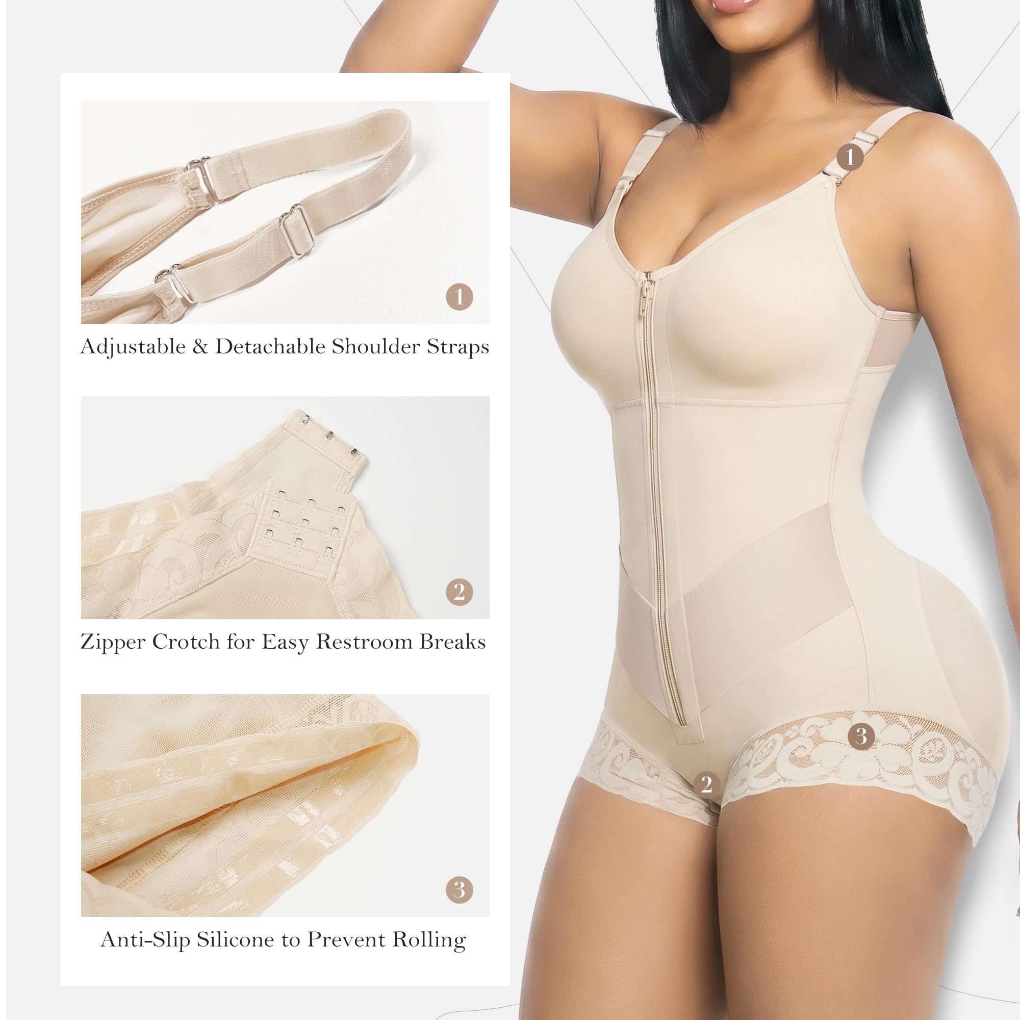 V-Panel Tummy Control Front Zip Brief Cut Faja Bodysuit