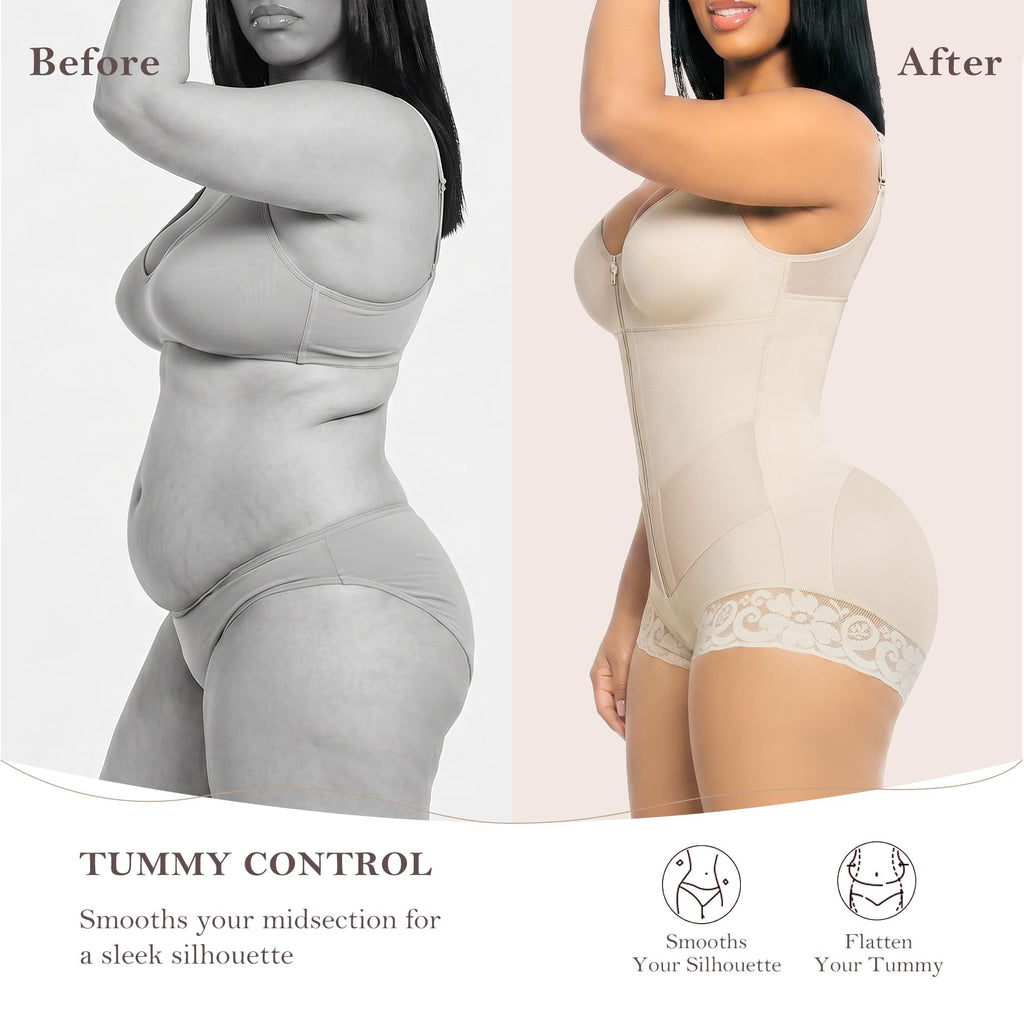V-Panel Tummy Control Front Zip Brief Cut Faja Bodysuit