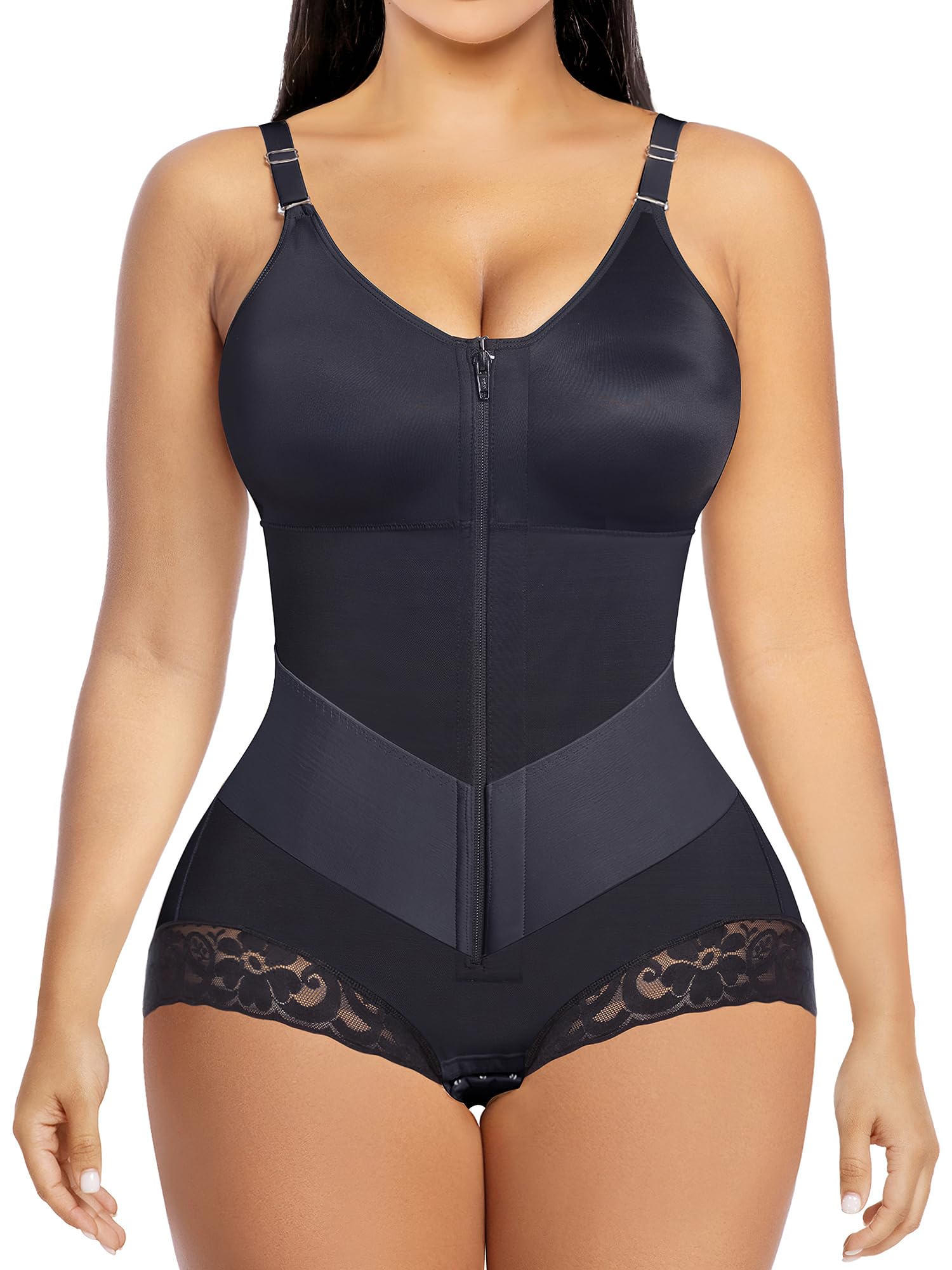 V-Panel Tummy Control Front Zip Brief Cut Faja Bodysuit