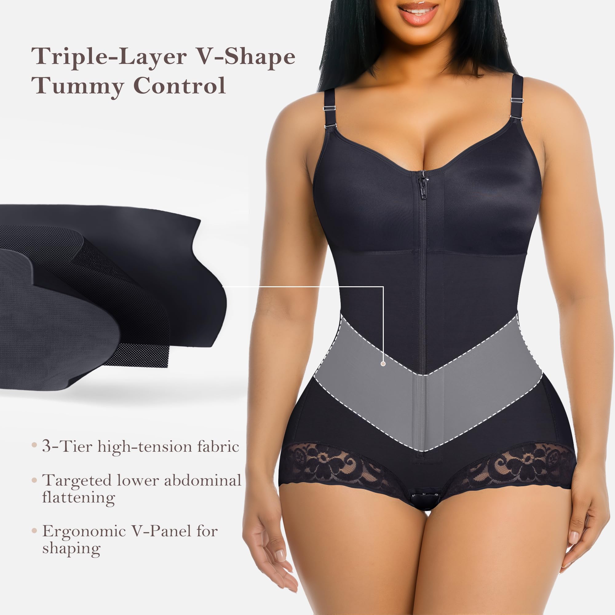 V-Panel Tummy Control Front Zip Brief Cut Faja Bodysuit