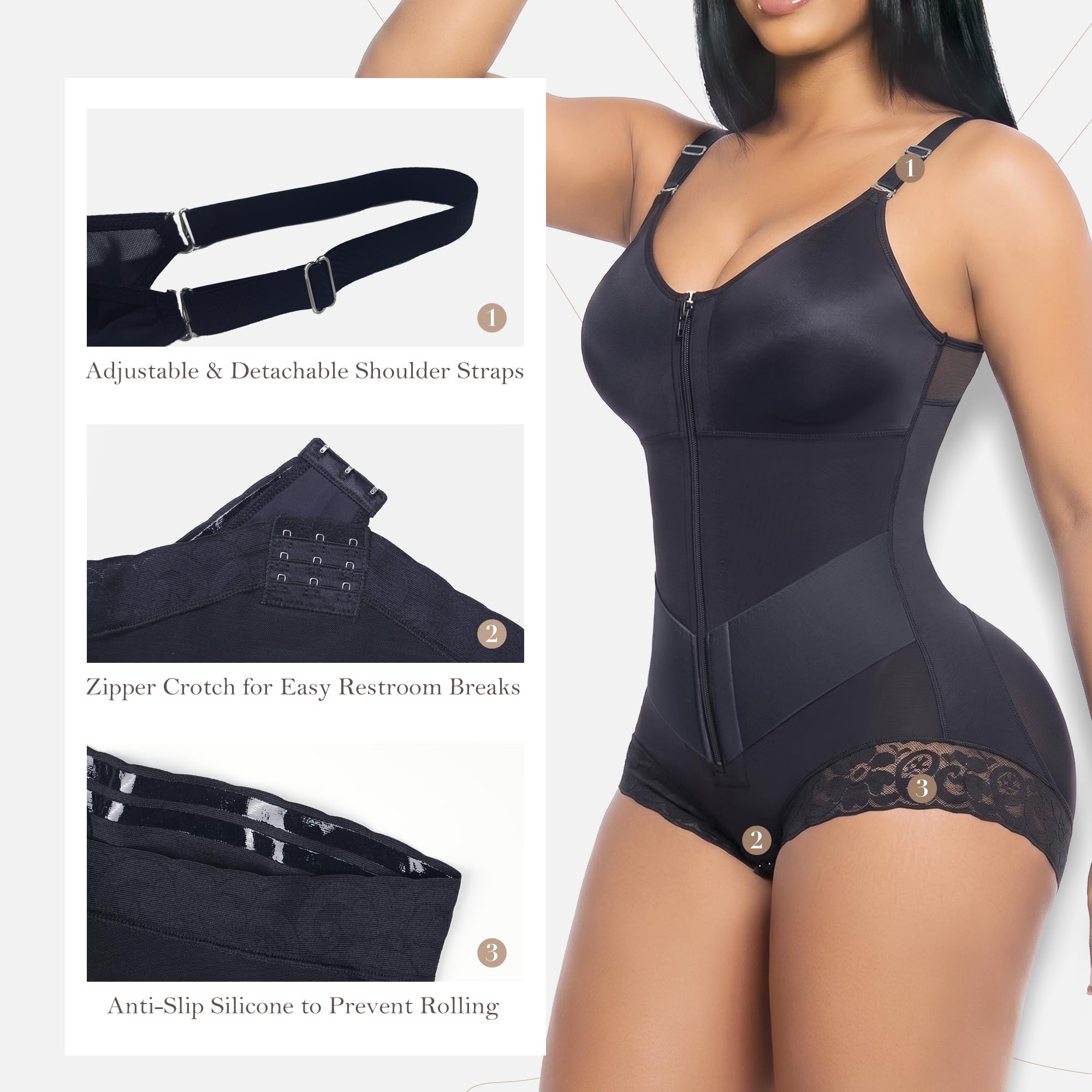 V-Panel Tummy Control Front Zip Brief Cut Faja Bodysuit
