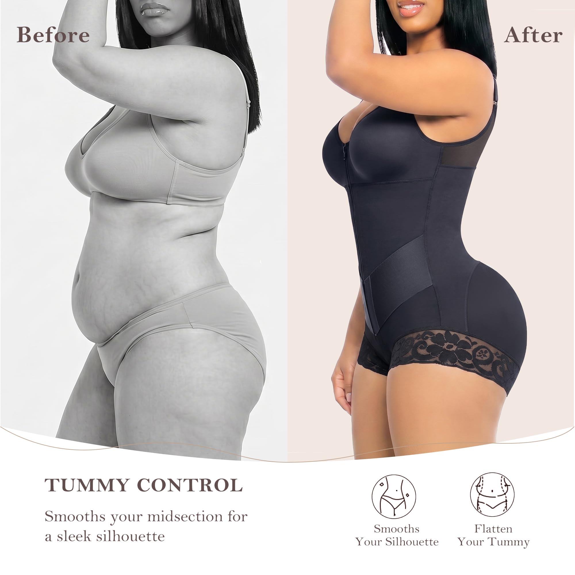 V-Panel Tummy Control Front Zip Brief Cut Faja Bodysuit