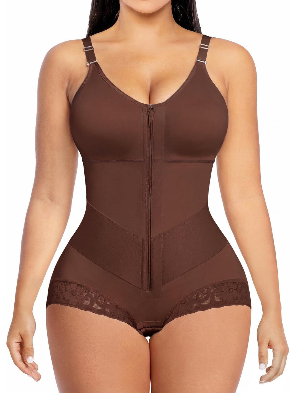 V-Panel Tummy Control Front Zip Brief Cut Faja Bodysuit