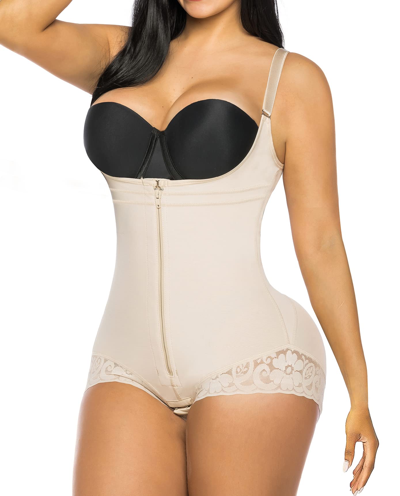 Open Bust Front Zip Brief Cut Faja Bodysuit