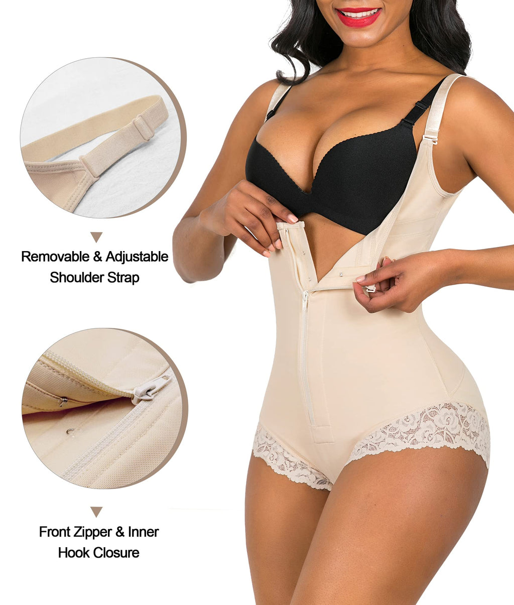 Open Bust Front Zip Brief Cut Faja Bodysuit