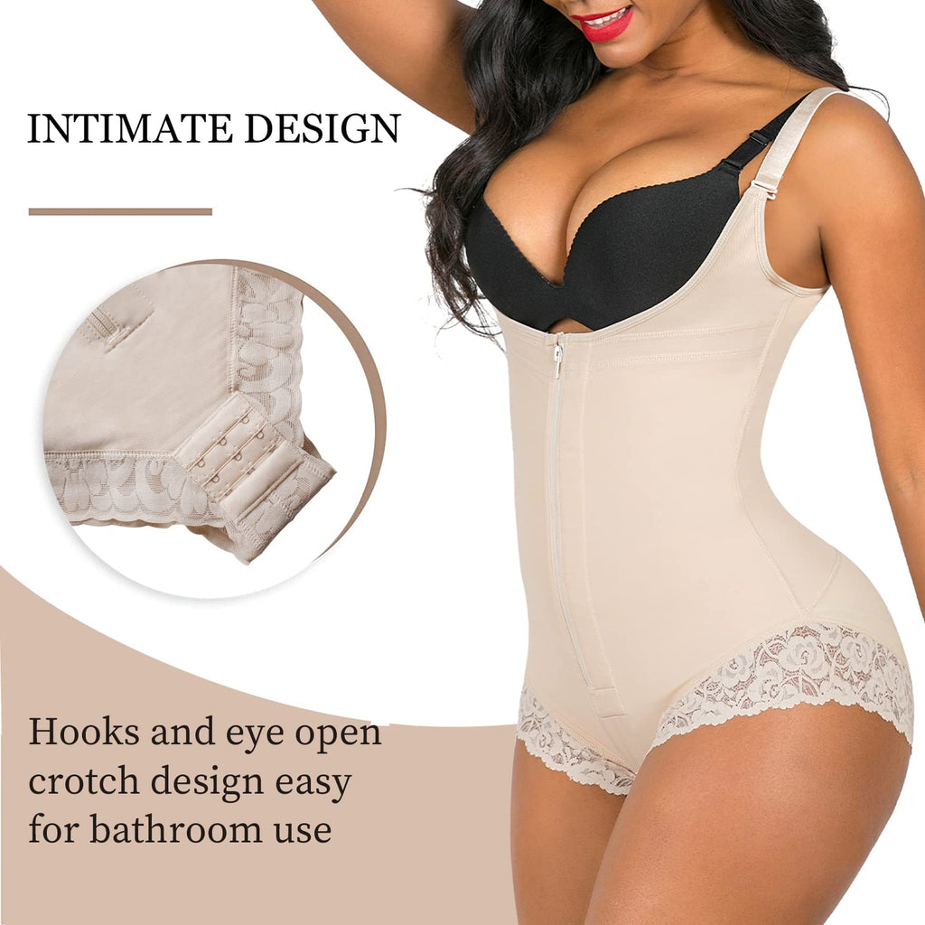 Open Bust Front Zip Brief Cut Faja Bodysuit