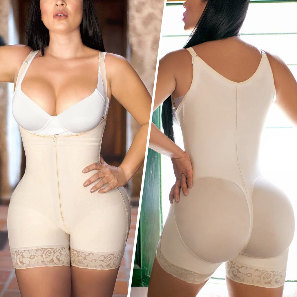 Open Bust Front Zip Mid-Thigh Faja Bodysuit