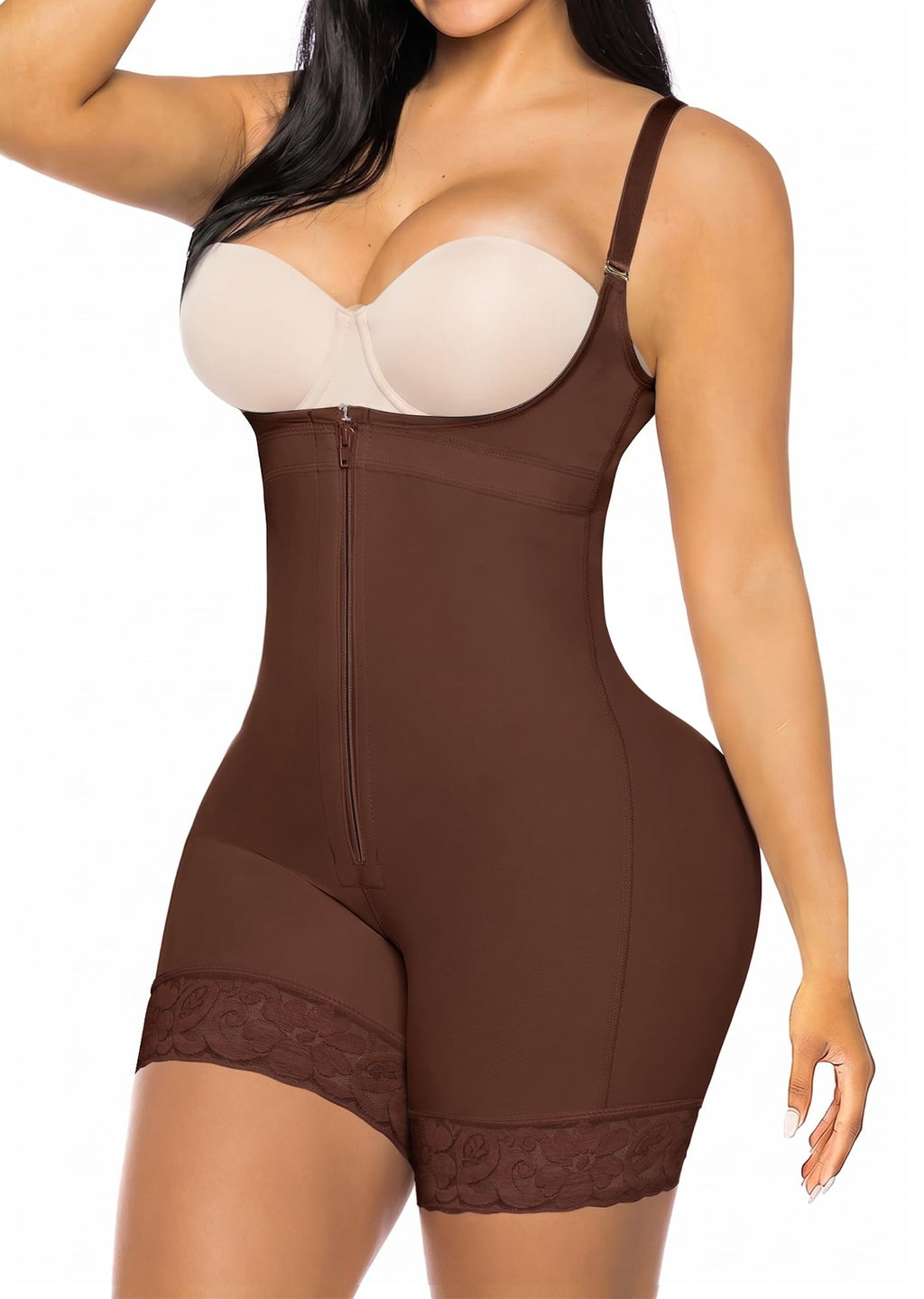 Open Bust Front Zip Mid-Thigh Faja Bodysuit