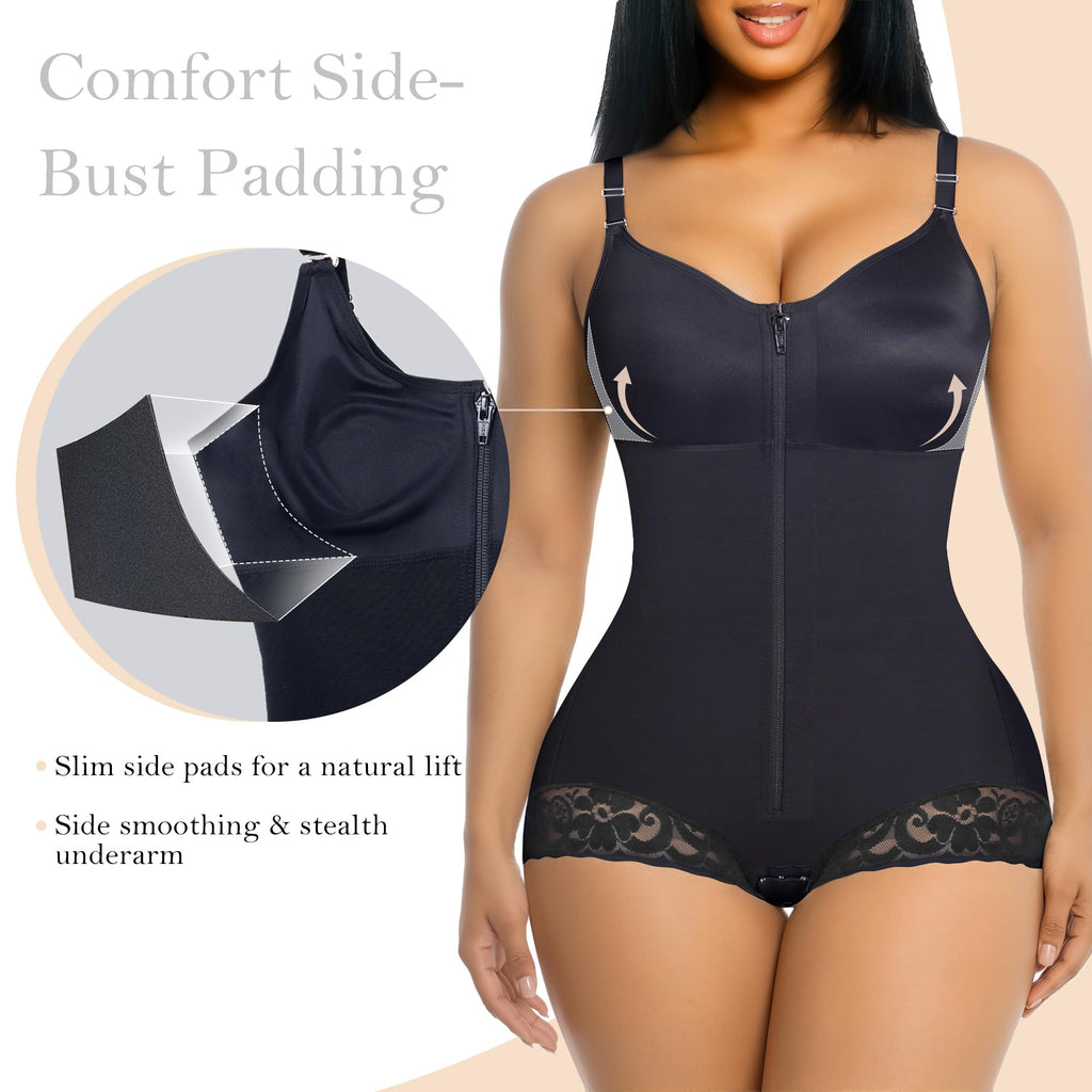 Side Bust Padded Front Zip Brief Cut Bodysuit
