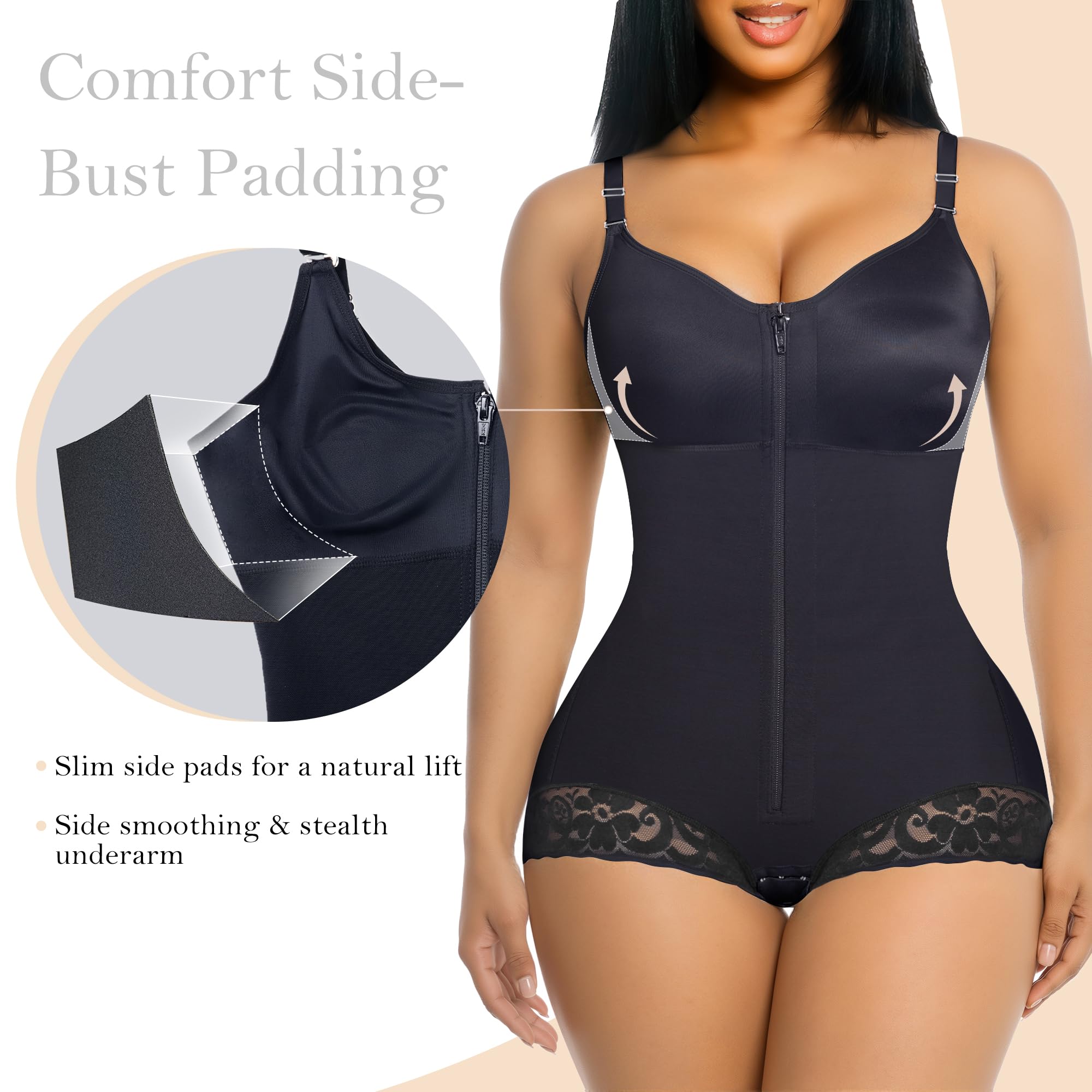Side Bust Padded Front Zip Brief Cut Bodysuit