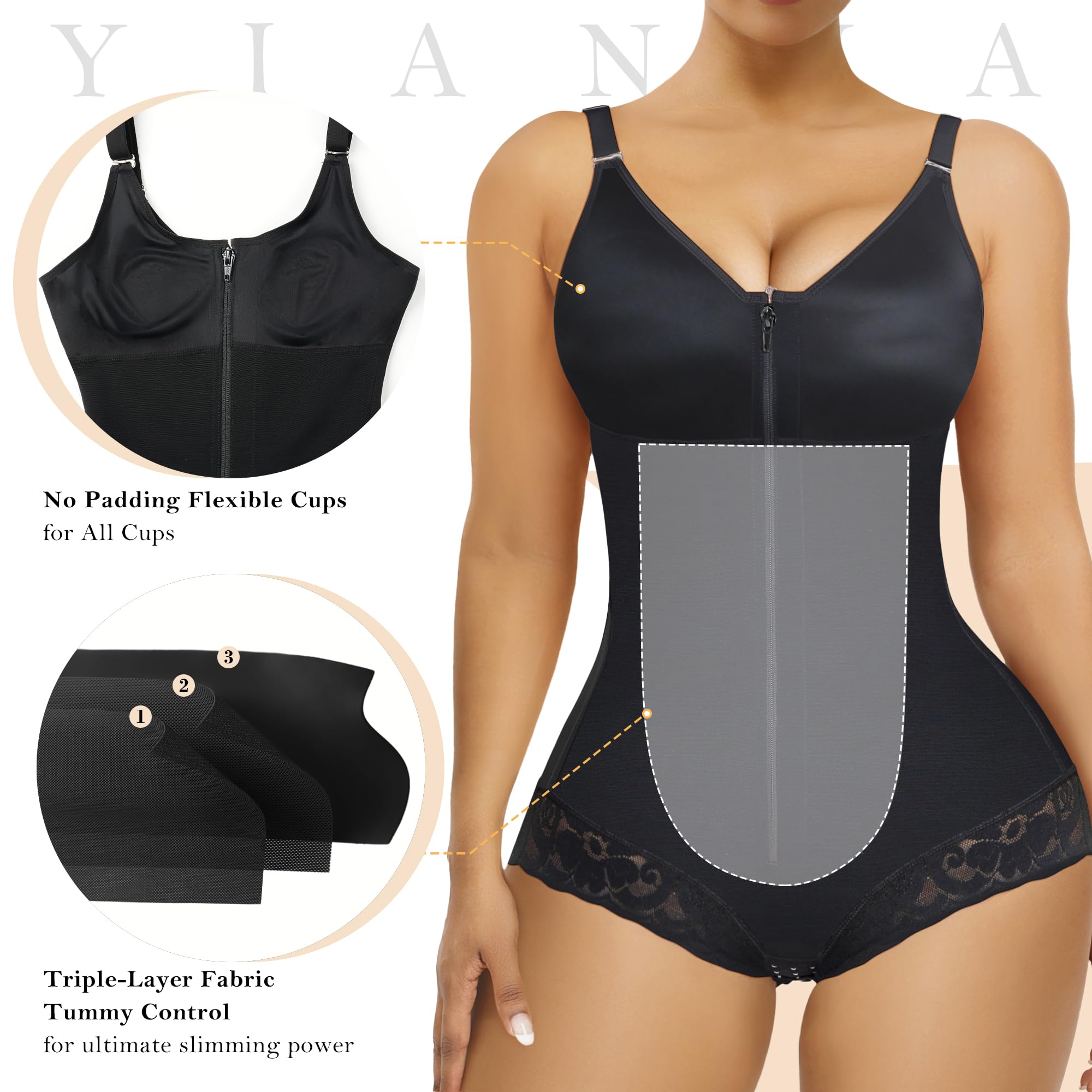 Side Bust Padded Front Zip Brief Cut Bodysuit