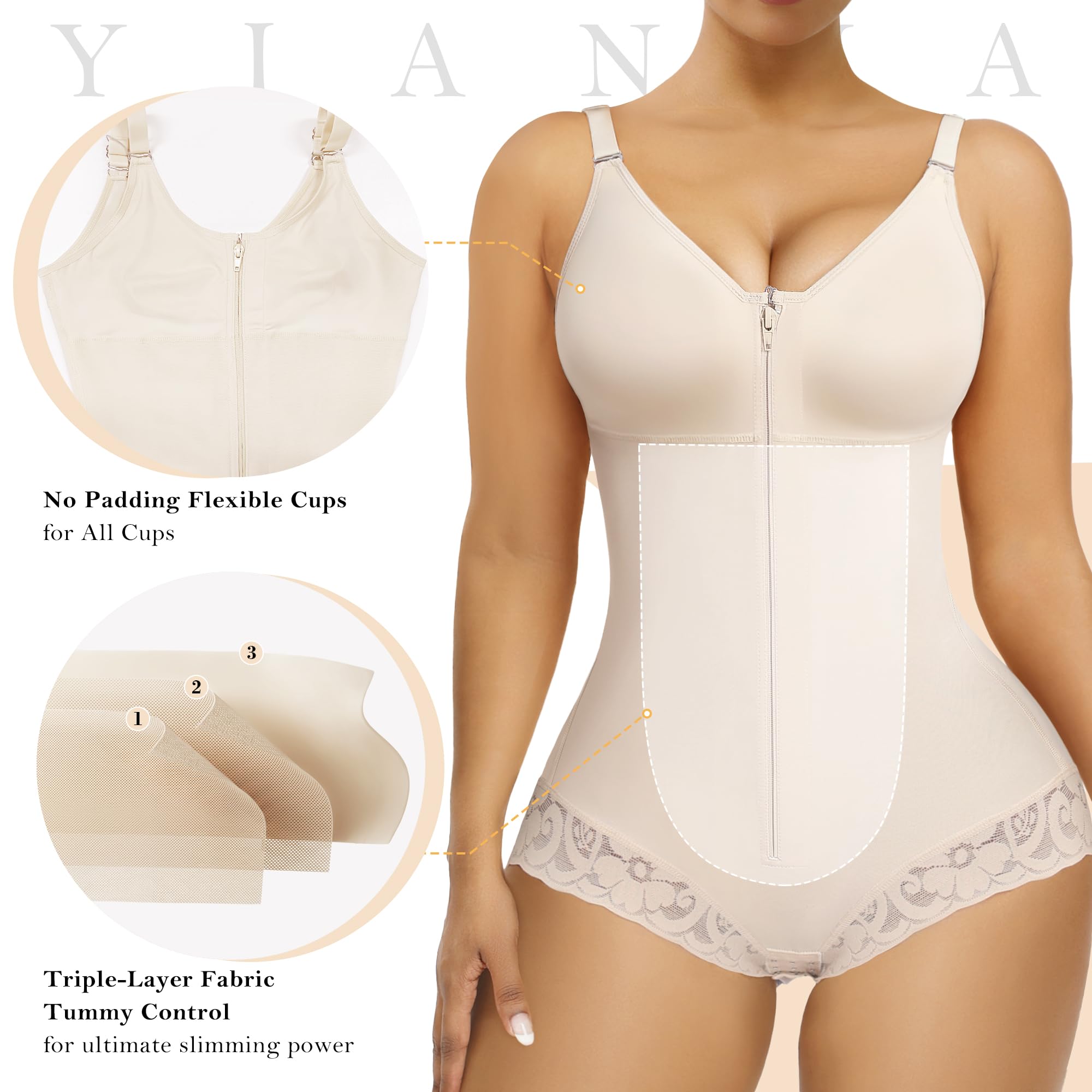 Side Bust Padded Front Zip Brief Cut Bodysuit